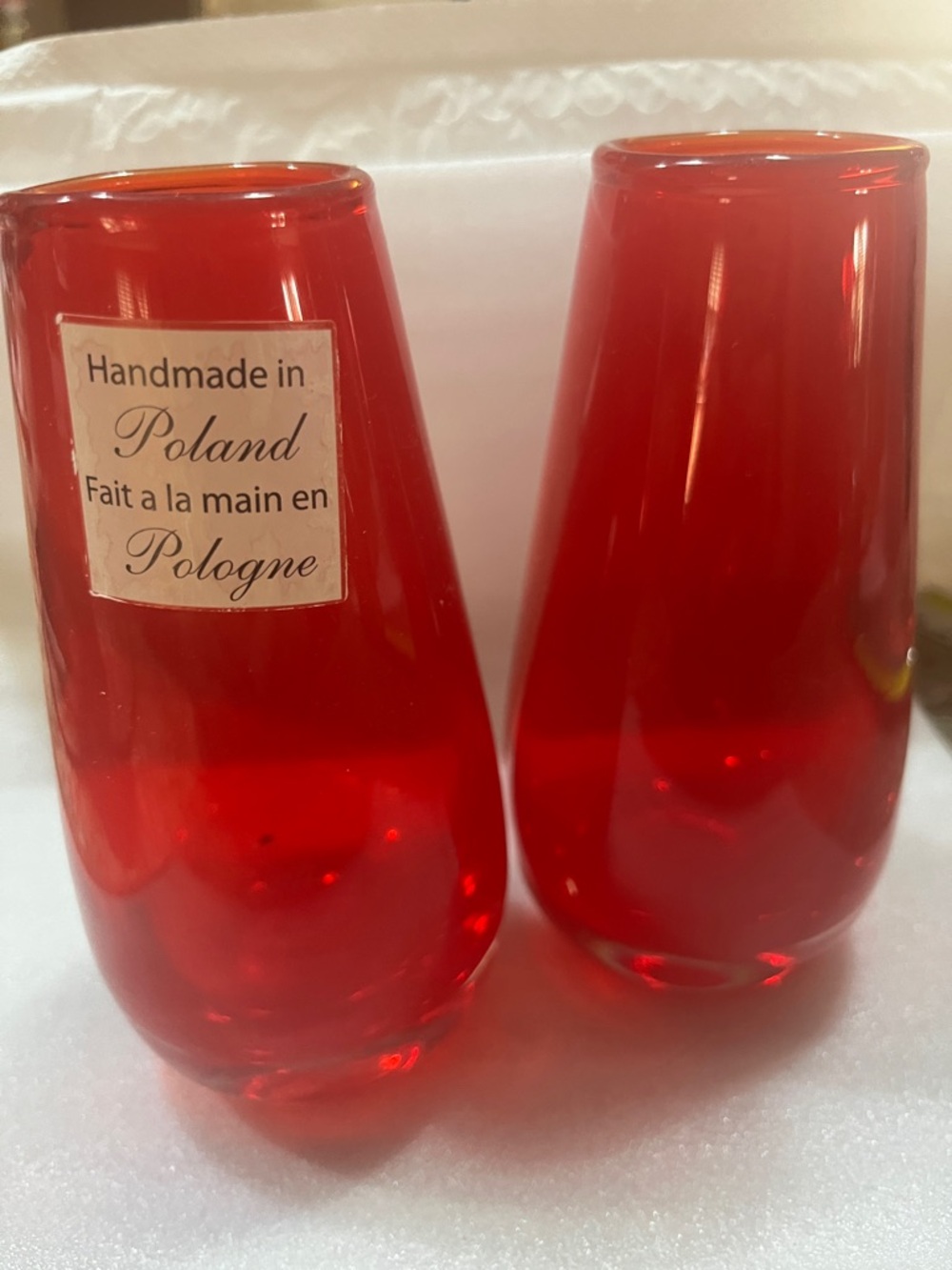 Poland Handmade Red Glass Vase Pair